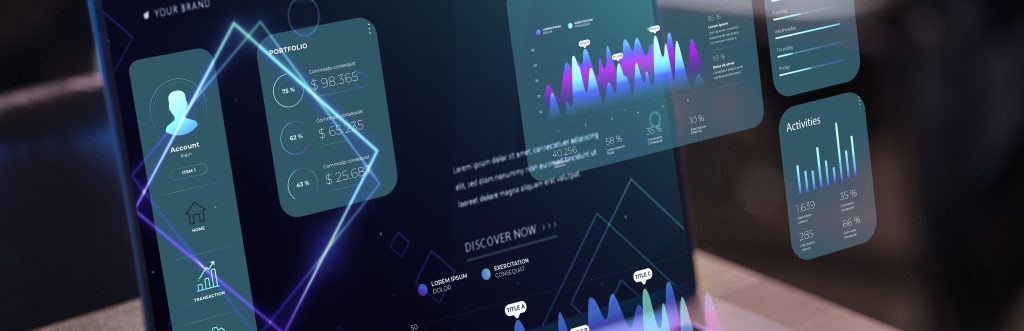 Dashboard de ERP com interface futurista exibindo gráficos financeiros, atividades e métricas de portfólio em tons de azul e roxo. Tela mostra login de conta, indicadores de desempenho, gráficos de barras e linhas para gestão integrada de operações empresariais