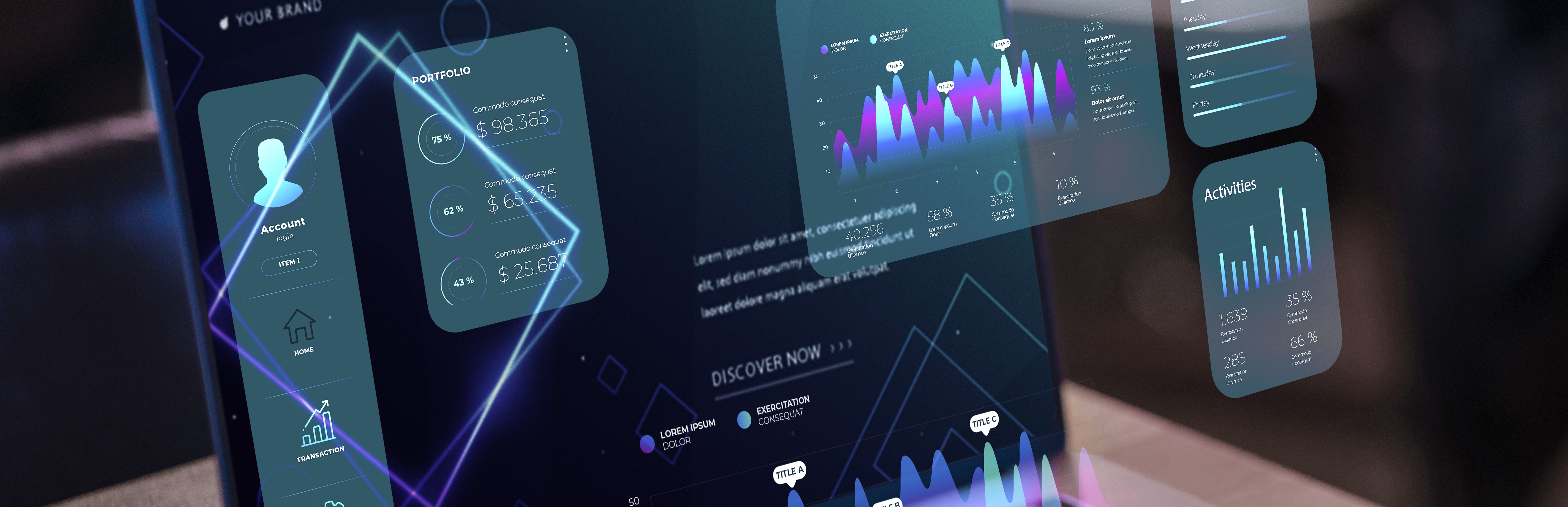 Dashboard de ERP com interface futurista exibindo gráficos financeiros, atividades e métricas de portfólio em tons de azul e roxo. Tela mostra login de conta, indicadores de desempenho, gráficos de barras e linhas para gestão integrada de operações empresariais